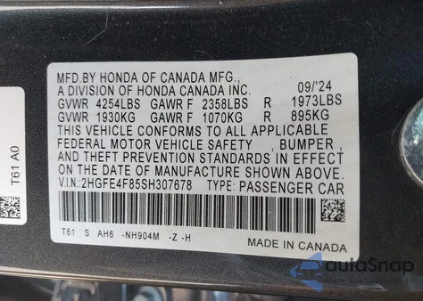 2025 Honda Civic Hybrid Sport/Sport Touring z USA, uszkodzony, nr VIN 2HGFE4F85SH307678